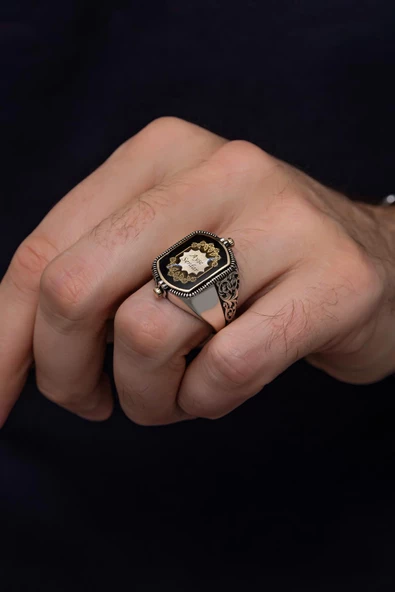 Çift Taraflı İsimli Siyah Mineli 925 Gümüş Erkek Yüzük - Resim 5