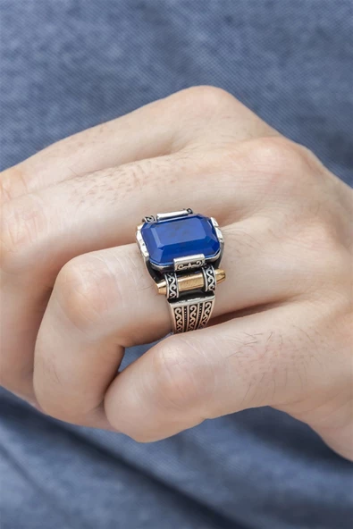 Kare Mavi Paraiba Taşlı 925 Gümüş Erkek Yüzük - Resim 10