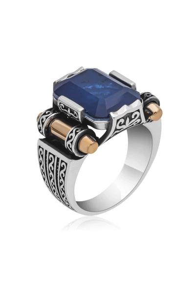 Kare Mavi Paraiba Taşlı 925 Gümüş Erkek Yüzük - Resim 6