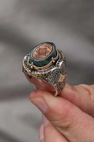 Süleyman Mührü Desenli Taşlı 925 Gümüş Erkek Yüzük - 7