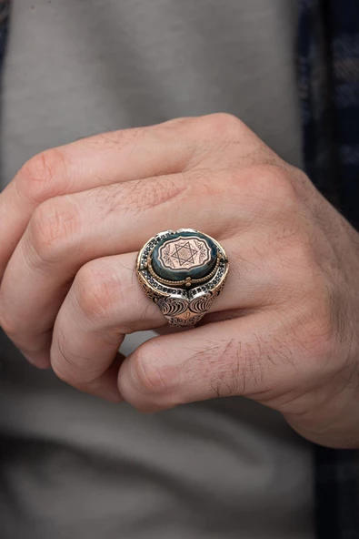 Süleyman Mührü Desenli Taşlı 925 Gümüş Erkek Yüzük - 4