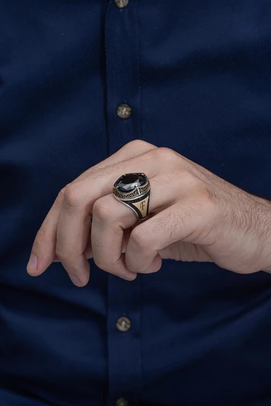 Oval Siyah Taşlı İsimli Harfli 925 Gümüş Erkek Yüzük - Resim 3