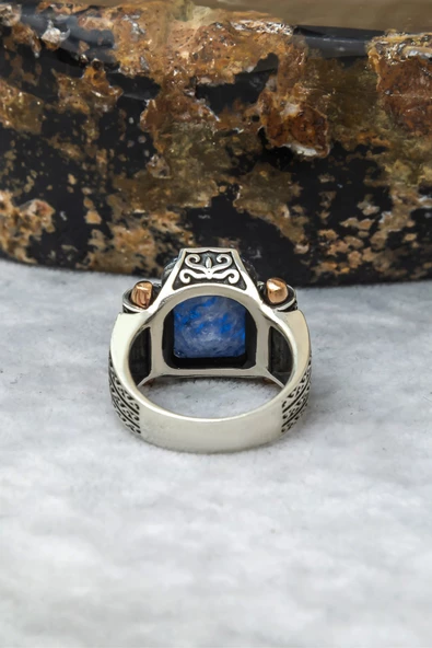 Kare Mavi Paraiba Taşlı 925 Gümüş Erkek Yüzük - Resim 5