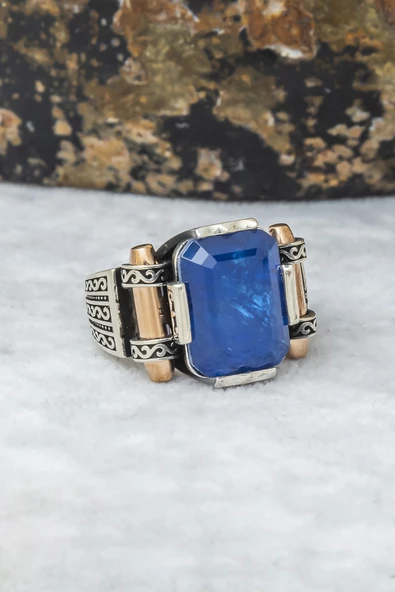 Kare Mavi Paraiba Taşlı 925 Gümüş Erkek Yüzük - Resim 8
