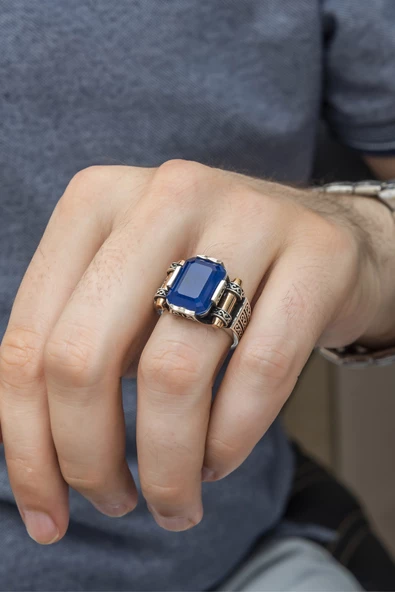 Kare Mavi Paraiba Taşlı 925 Gümüş Erkek Yüzük - Resim 12