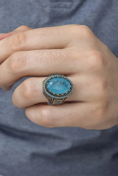 Mavi Paraiba Taşlı 925 Gümüş Erkek Yüzük - Resim 8