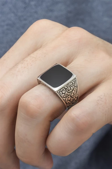 Kare Siyah Mineli Erzurum İşleme 925 Gümüş Erkek Yüzük - Resim 8
