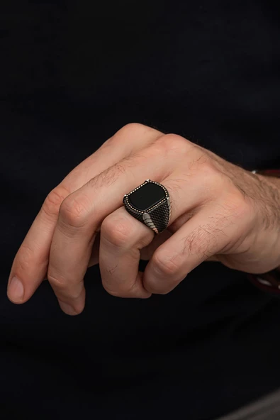 Oniks Taşlı Hasır Modeli 925 Gümüş Erkek Yüzük - Resim 6