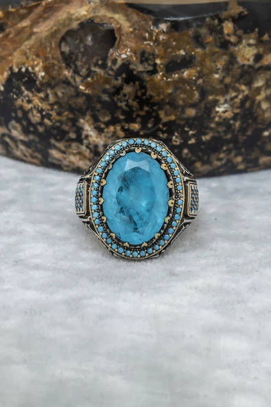 Mavi Paraiba Taşlı 925 Gümüş Erkek Yüzük - Resim 11