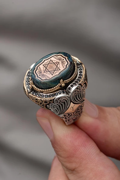 Süleyman Mührü Desenli Taşlı 925 Gümüş Erkek Yüzük - 6