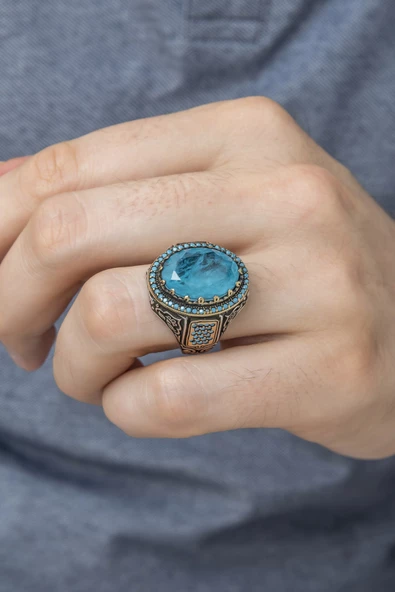 Mavi Paraiba Taşlı 925 Gümüş Erkek Yüzük - Resim 7