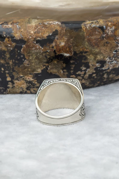 Kare Siyah Mineli Erzurum İşleme 925 Gümüş Erkek Yüzük - Resim 12