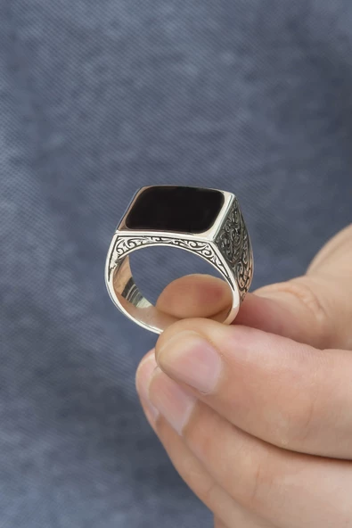 Kare Siyah Mineli Erzurum İşleme 925 Gümüş Erkek Yüzük - Resim 11
