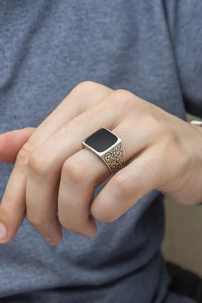 Kare Siyah Mineli Erzurum İşleme 925 Gümüş Erkek Yüzük - Resim 7