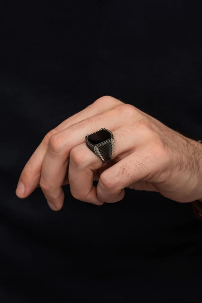 Oniks Taşlı Hasır Modeli 925 Gümüş Erkek Yüzük - Resim 3