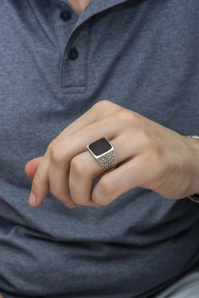 Kare Siyah Mineli Erzurum İşleme 925 Gümüş Erkek Yüzük - Resim 6
