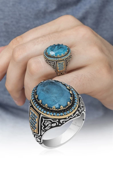 Mavi Paraiba Taşlı 925 Gümüş Erkek Yüzük - Resim 6