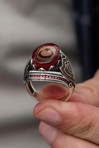 Ayyıldız Kırmızı Taşlı 925 Gümüş Erkek Yüzük - Resim 6