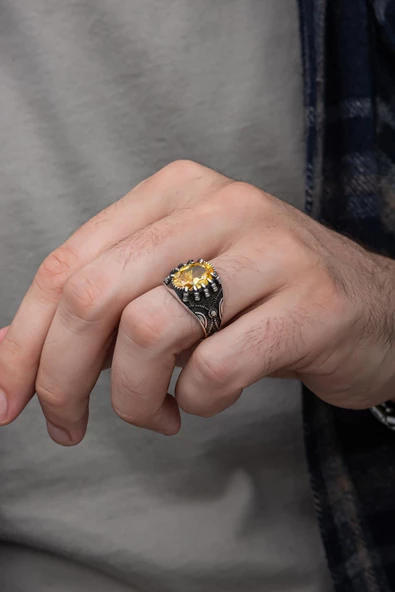 Sarı Sitrin Taşlı Pençeli 925 Gümüş Erkek Yüzük - Resim 7