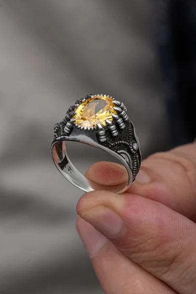 Sarı Sitrin Taşlı Pençeli 925 Gümüş Erkek Yüzük - Resim 4