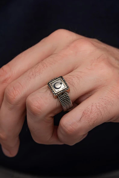 Ayyıldız Desenli 925 Gümüş Erkek Yüzük - Resim 8