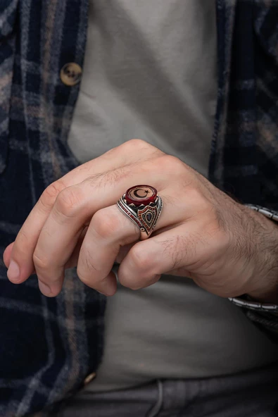 Ayyıldız Kırmızı Taşlı 925 Gümüş Erkek Yüzük - Resim 4