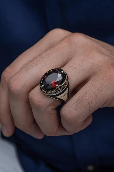 Oval Kırmızı Taşlı 925 Gümüş Erkek Yüzük ürün görseli