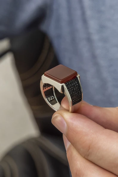 Kare Akik Taşlı 925 Gümüş Erkek Yüzük - Resim 7