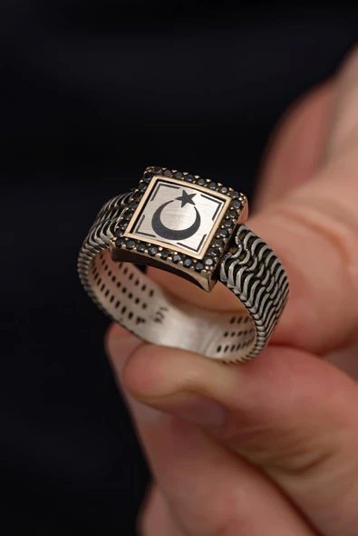 Ayyıldız Desenli 925 Gümüş Erkek Yüzük ürün görseli