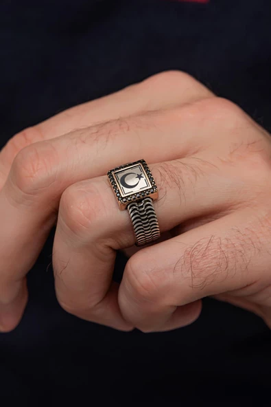 Ayyıldız Desenli 925 Gümüş Erkek Yüzük - Resim 5