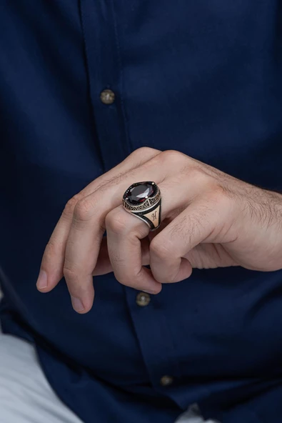 Oval Kırmızı Taşlı 925 Gümüş Erkek Yüzük - Resim 3