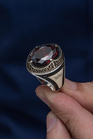 Oval Kırmızı Taşlı 925 Gümüş Erkek Yüzük - Resim 6