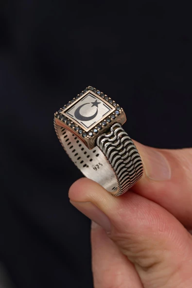 Ayyıldız Desenli 925 Gümüş Erkek Yüzük - Resim 6