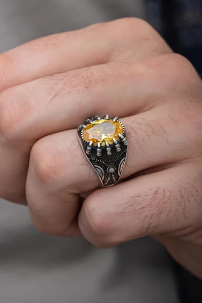 Sarı Sitrin Taşlı Pençeli 925 Gümüş Erkek Yüzük ürün görseli