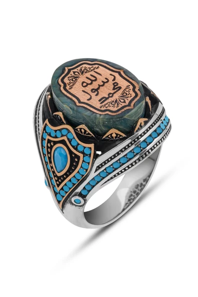 Peygamber Mührü Mavi Taşlı 925 Gümüş Erkek Yüzük - Resim 2