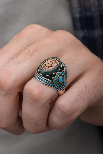 Peygamber Mührü Mavi Taşlı 925 Gümüş Erkek Yüzük - Resim 7