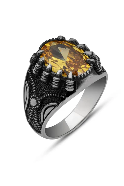 Sarı Sitrin Taşlı Pençeli 925 Gümüş Erkek Yüzük - Resim 2