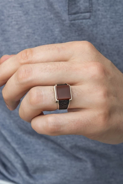 Kare Akik Taşlı 925 Gümüş Erkek Yüzük - Resim 5