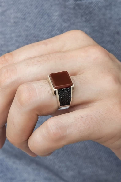 Kare Akik Taşlı 925 Gümüş Erkek Yüzük - Resim 11