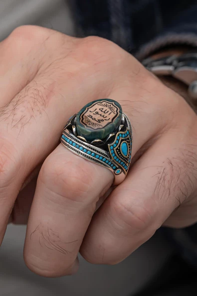 Peygamber Mührü Mavi Taşlı 925 Gümüş Erkek Yüzük - Resim 5