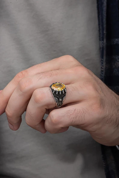 Sarı Sitrin Taşlı Pençeli 925 Gümüş Erkek Yüzük - Resim 8