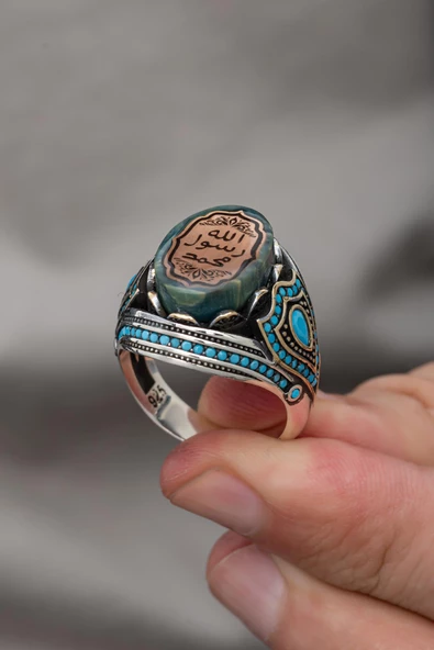 Peygamber Mührü Mavi Taşlı 925 Gümüş Erkek Yüzük - Resim 6