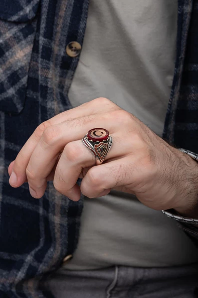 Ayyıldız Kırmızı Taşlı 925 Gümüş Erkek Yüzük - Resim 7