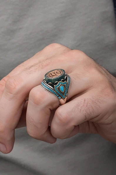 Peygamber Mührü Mavi Taşlı 925 Gümüş Erkek Yüzük - Resim 3