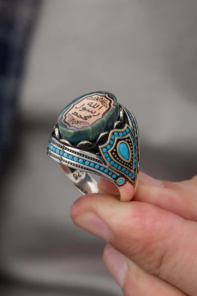 Peygamber Mührü Mavi Taşlı 925 Gümüş Erkek Yüzük - Resim 8