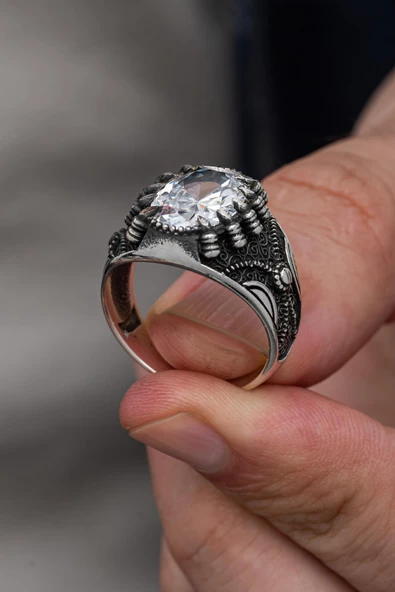 Beyaz Zirkon Taşlı Pençeli 925 Gümüş Erkek Yüzük - Resim 7