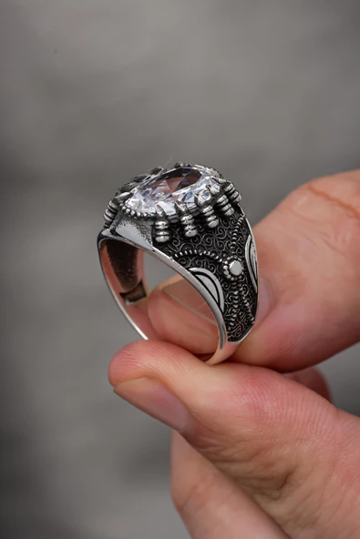 Beyaz Zirkon Taşlı Pençeli 925 Gümüş Erkek Yüzük - Resim 6