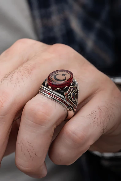 Ayyıldız Kırmızı Taşlı 925 Gümüş Erkek Yüzük - Resim 5