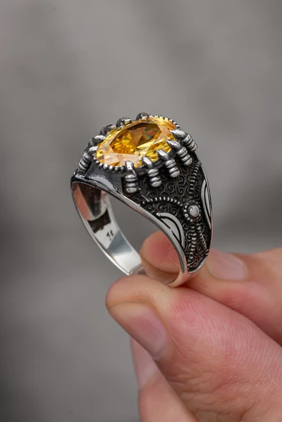 Sarı Sitrin Taşlı Pençeli 925 Gümüş Erkek Yüzük - Resim 5
