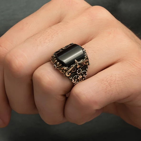 Siyah Oniks Taşlı 925 Gümüş Erkek Yüzük - 2